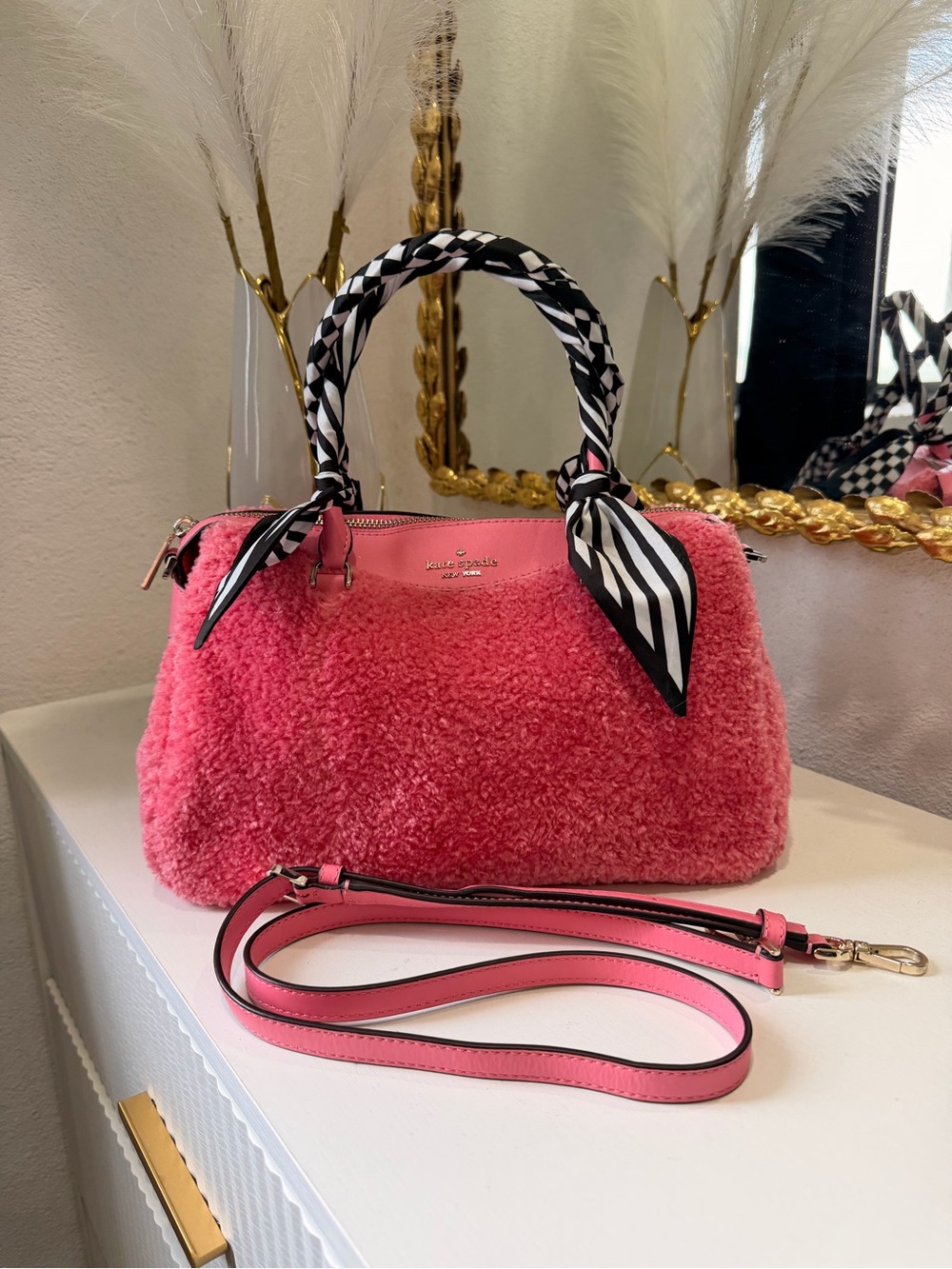 kate spade bright pink shearling satchel with scarf-wrapped top handles